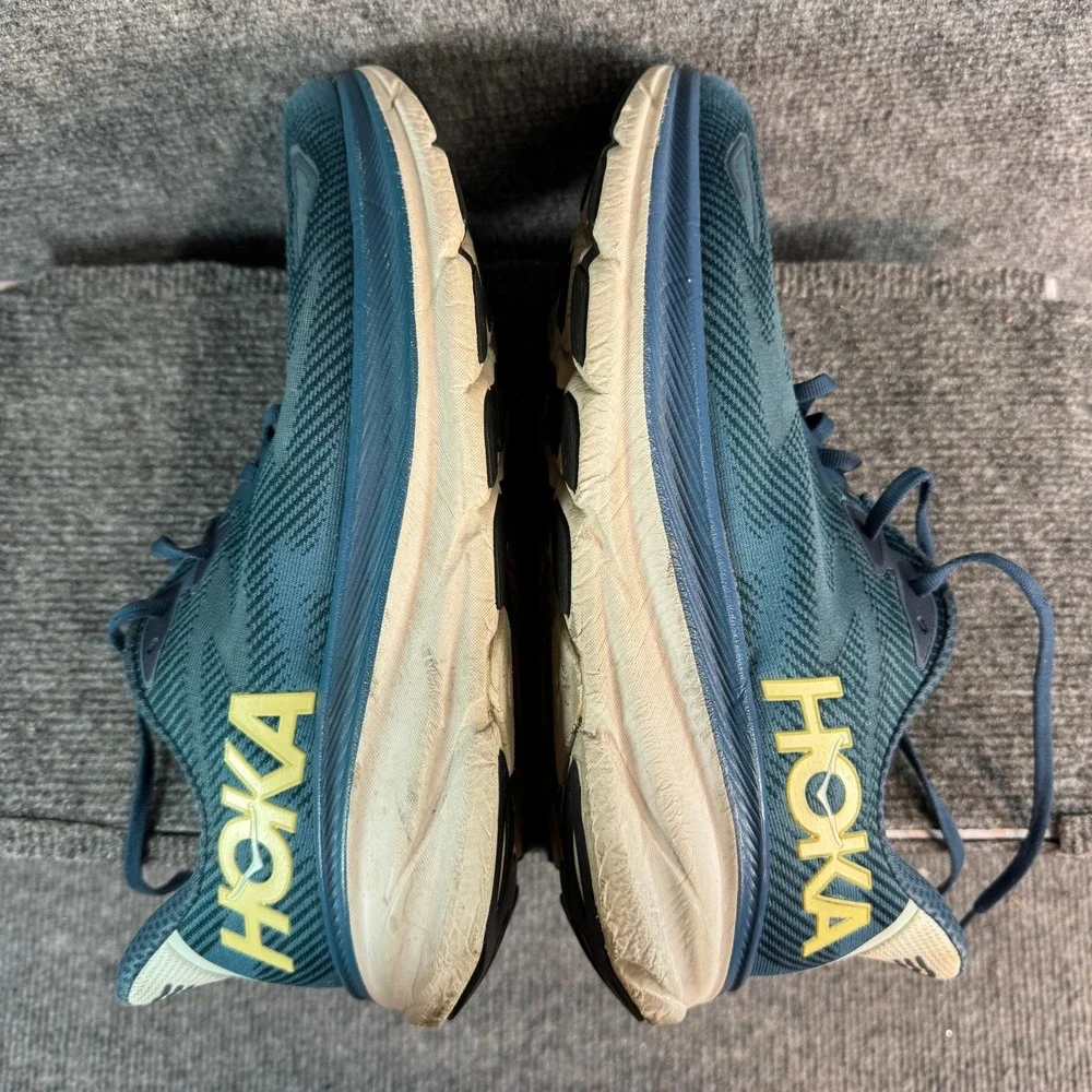 Hoka Clifton 9 Mens Teal Blue Yellow Running Shoes 1127895-BBLC Size 11